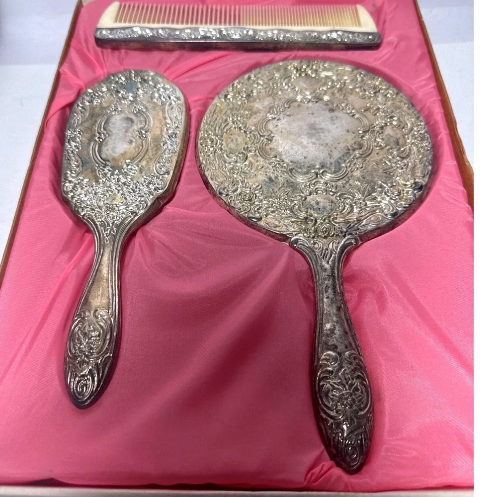 Marquel Vanity Set Silver Fair Vintage Ornate Floral Mirror Brush Comb
